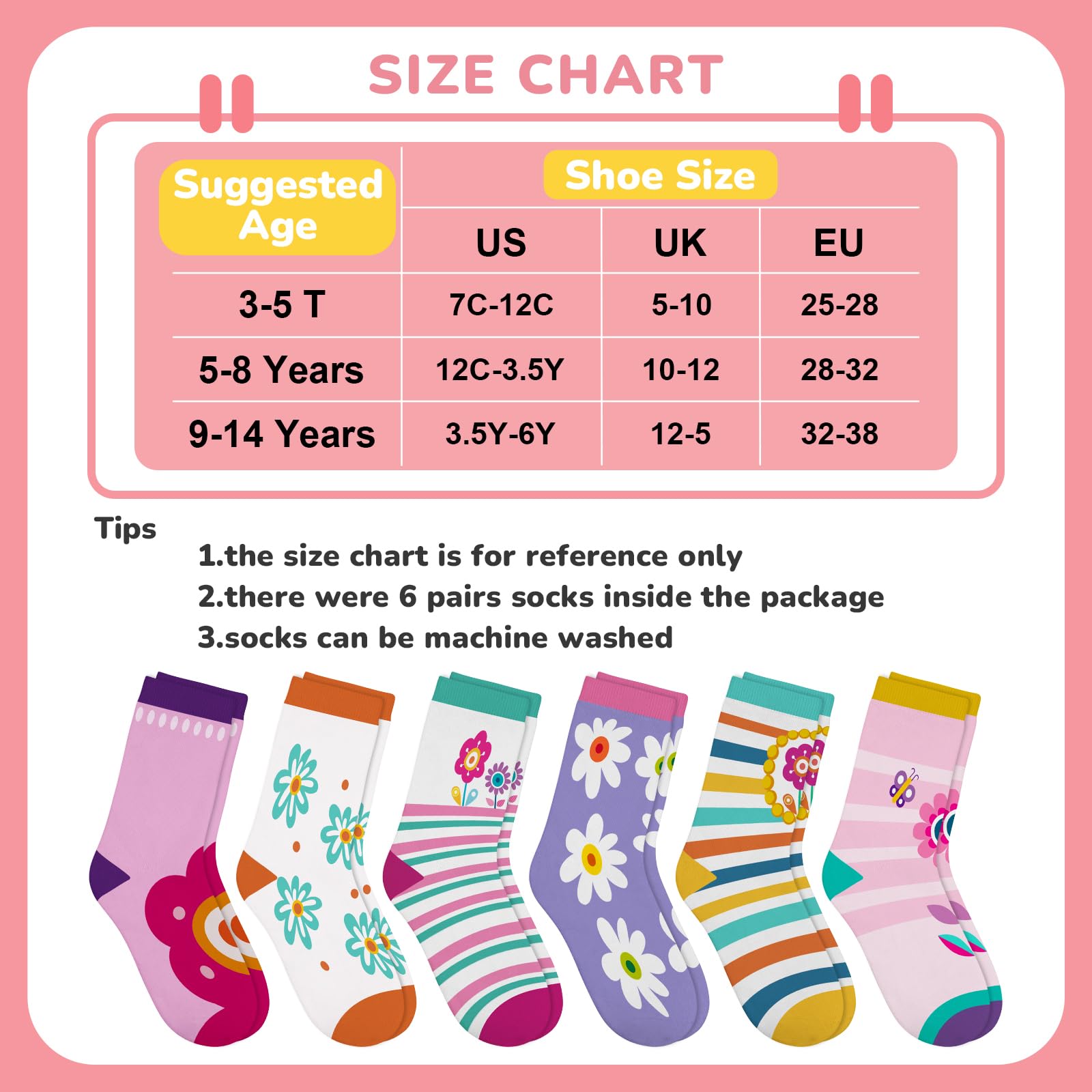 6 Paare Kinder Socken Mädchen Bunte Lustige bedruckte mehrfarbige Blumen Baumwolle Socken kinder 23-26/27-30