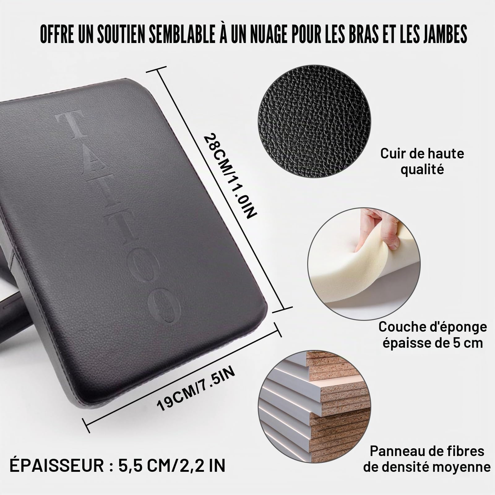 Accoudoir de tatouage avec plateau - Repose-bras pliable réglable en hauteur et en inclinaison - En cuir noir - Pour studio de tatouage