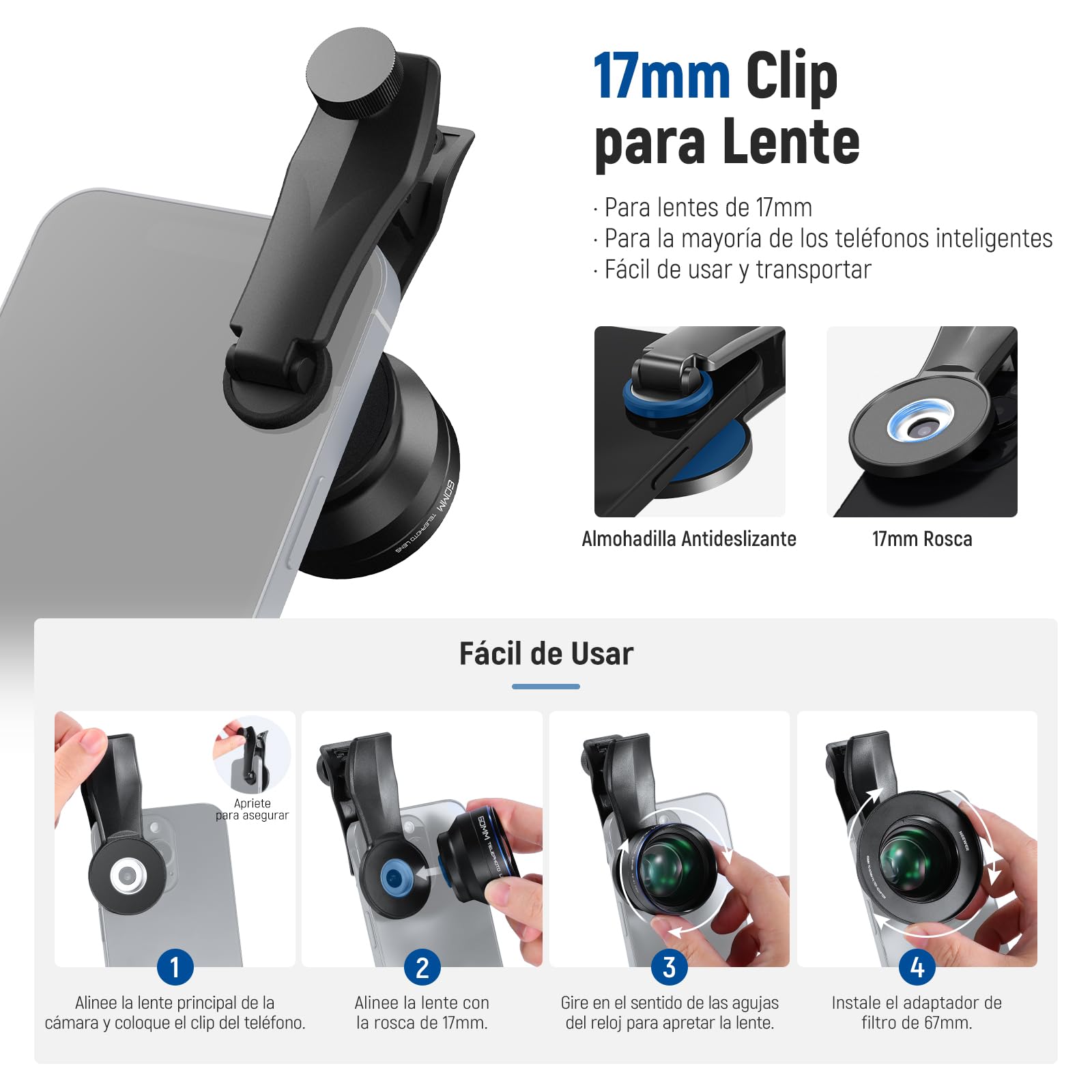 NEEWER 60mm Teleobjetivo con 17mm Rosca Clip de Lente de Teléfono y 67mm Anillo Adaptador de Filtro, Aumento 2x Compatible con iPhone Samsung, LS-41 PRO
