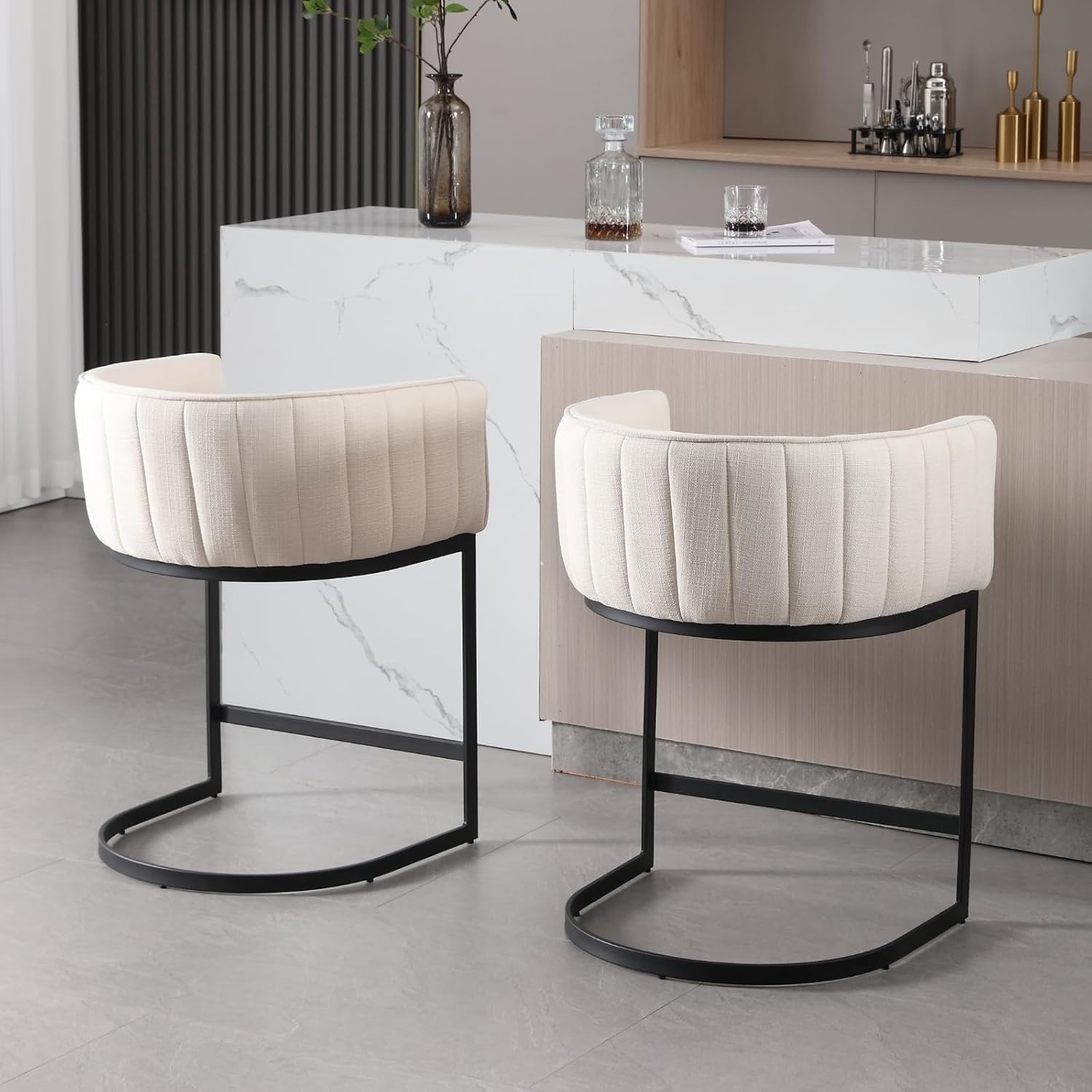 Modern Counter Height Bar Stools Set of 3 for Kitchen Island, Beige, Linen Fabric Upholstered Barrel Back Stool Chair with Unique Metal Legs