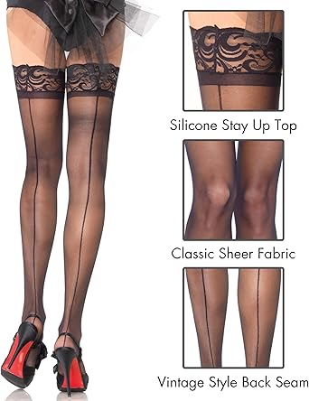 Leg Avenue Women's Thigh High Stockings, Lace Top Cuban Heel Backseam Stockings