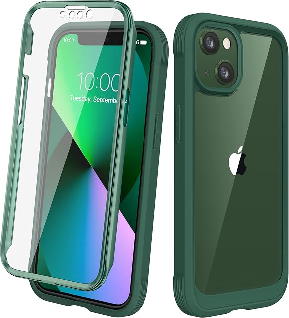 Diaclara iPhone 13 Case, 360 Full Body Rugged Phone Case with Built-in Touch Sensitive Anti-Scratch Screen Protector, Soft Shockproof TPU Bumper Case Cover for iPhone 13 6.1" (Green)