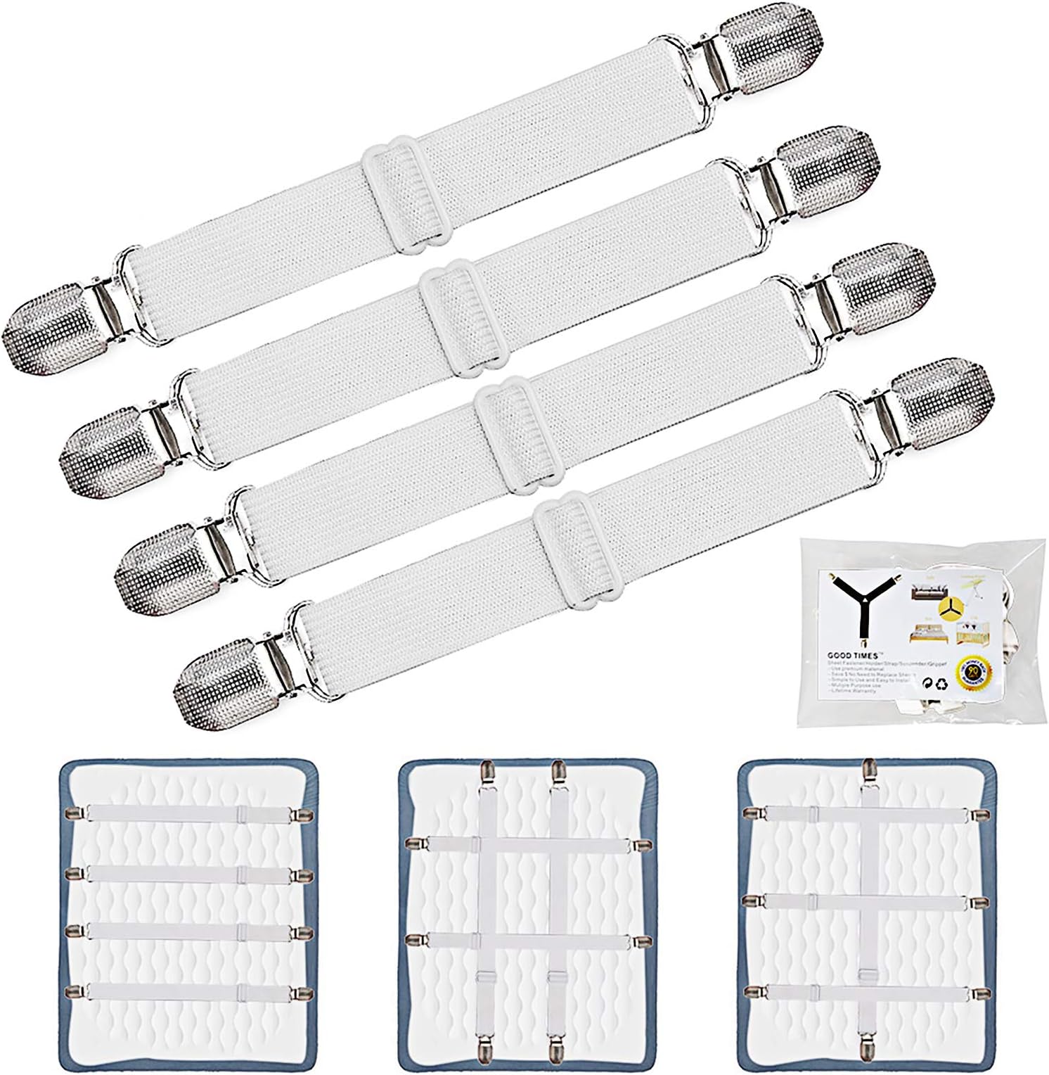 Adjustable Bed Sheet Clips, Sheet Fasteners Holder Straps and Suspender, Gripper, Extend From 21" to 80" Long Style Elastic Fasteners Bands Heavy Duty Suit for Mattress, Sofa, Couch, Recliner and More