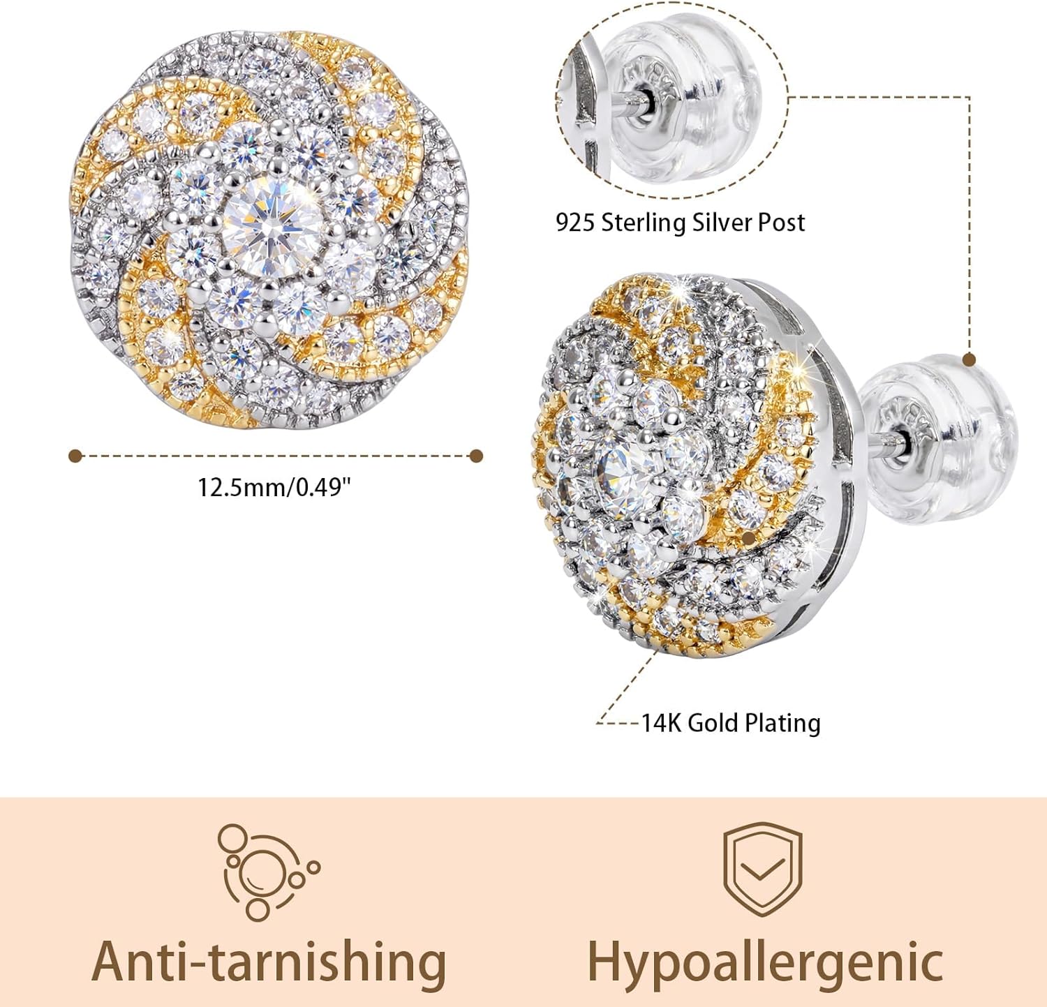 Two-Tone Stud Earrings for Women, 14K Gold Plated Earrings with Cubic Zirconia, Hypoallergenic 925 Sterling Silver Posts for Sensitive Ears, Jewelry Gift for Her