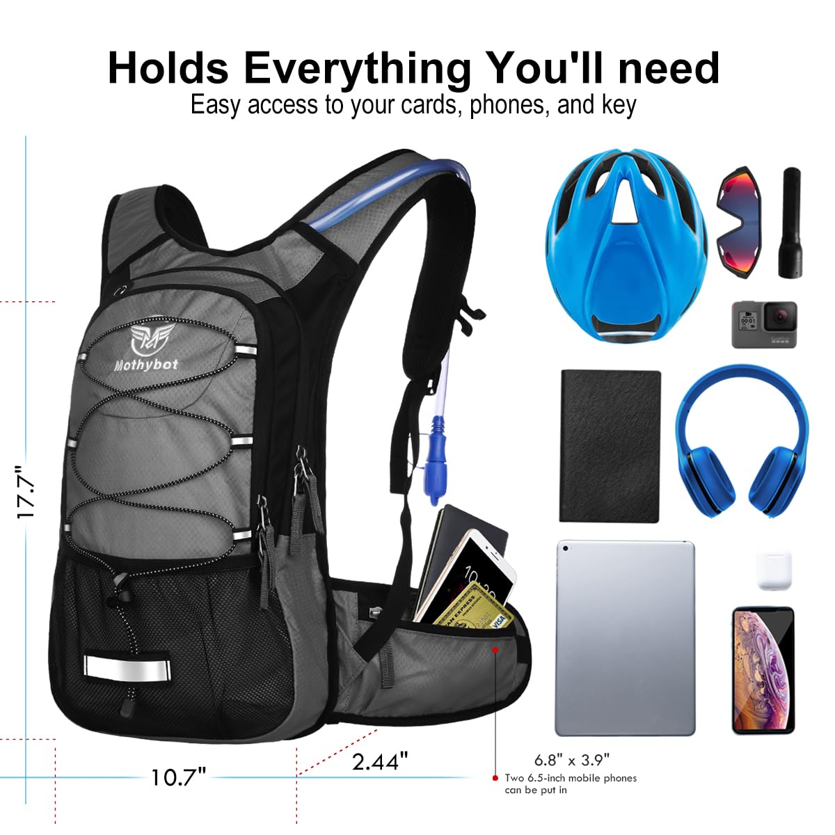 Mothybot Insulated Hydration Backpack Pack with 3L BPA Free Leak Proof Water Bladder, Large Storage Lightweight Hiking Daypack with Waist Pouches & Cooler Layer, for Running, Biking, Camping, Festival