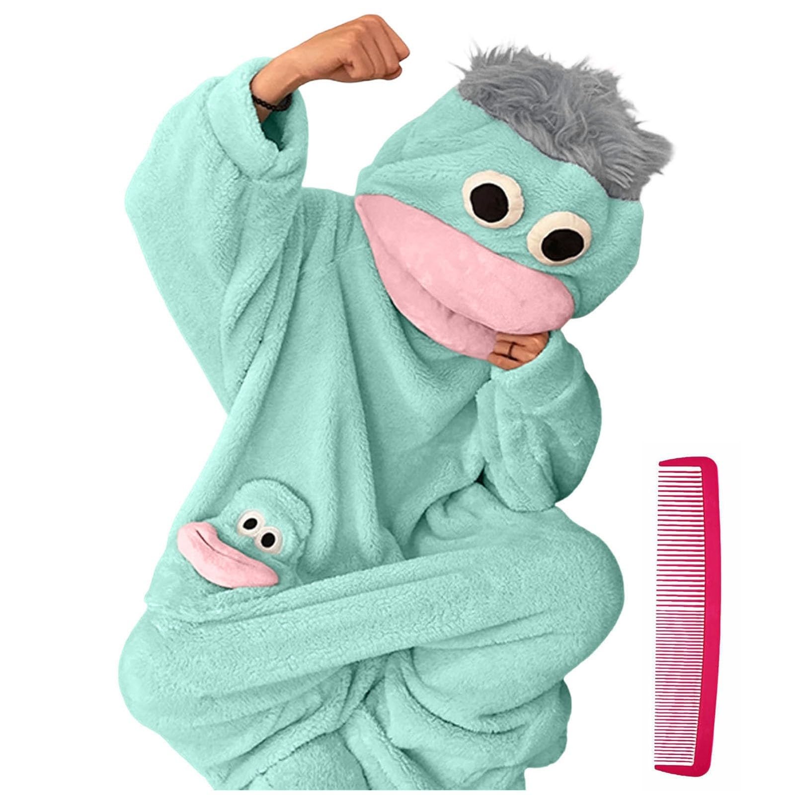 Silly Onesie Fleece Pajamas Erwachsene Unisex Lustiger Grüner Monster-Hoodie Fleece Ultra Soft Plush Hooded One Piece Jumpsuit Nachtwäsche Schlafanzug Weiche Loungewear Movie Nights mit Kamm