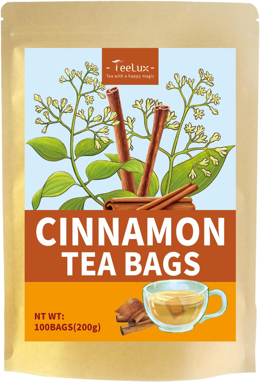 TeeLux Cinnamon Tea Bags 100 Count, Vegan, Pure Cinnamon, Caffeine Free Herbal Tea, Biodegradable Tea Bags