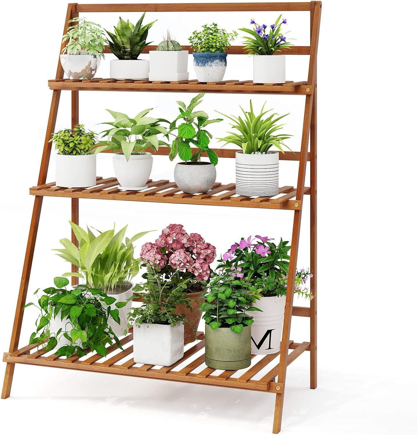 3-Tier Bamboo Plant Flower Stand Rack Shelf, Foldable Planter Racks, Pot Organizer Storage Rack Display Shelving Plants Shelf Unit Holder (brown)