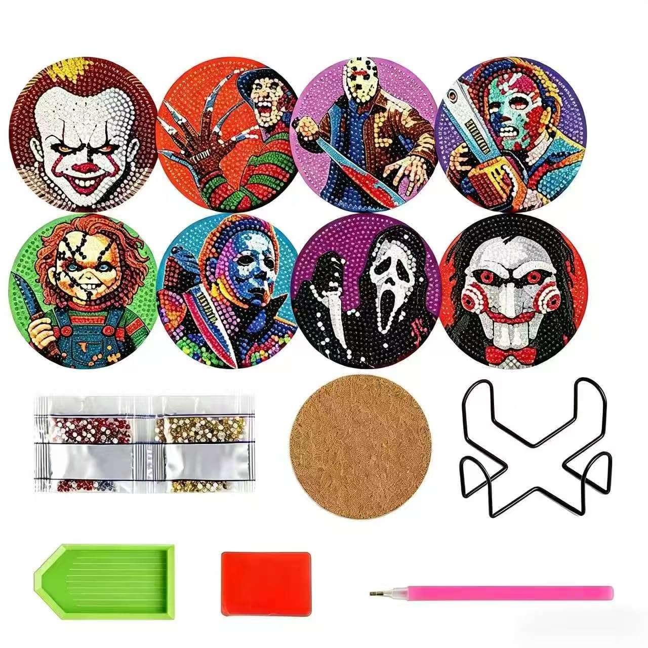 MZinge 8 Pcs Diamond Art Painting Coasters Kits,Halloween Coaster with Holder for Adults, Non-Slip DIY Dot Paint Craft Kits,5D Full Drill DIY Diamond Dot Gem Art Kit Home Decor Arts Craft — image 1