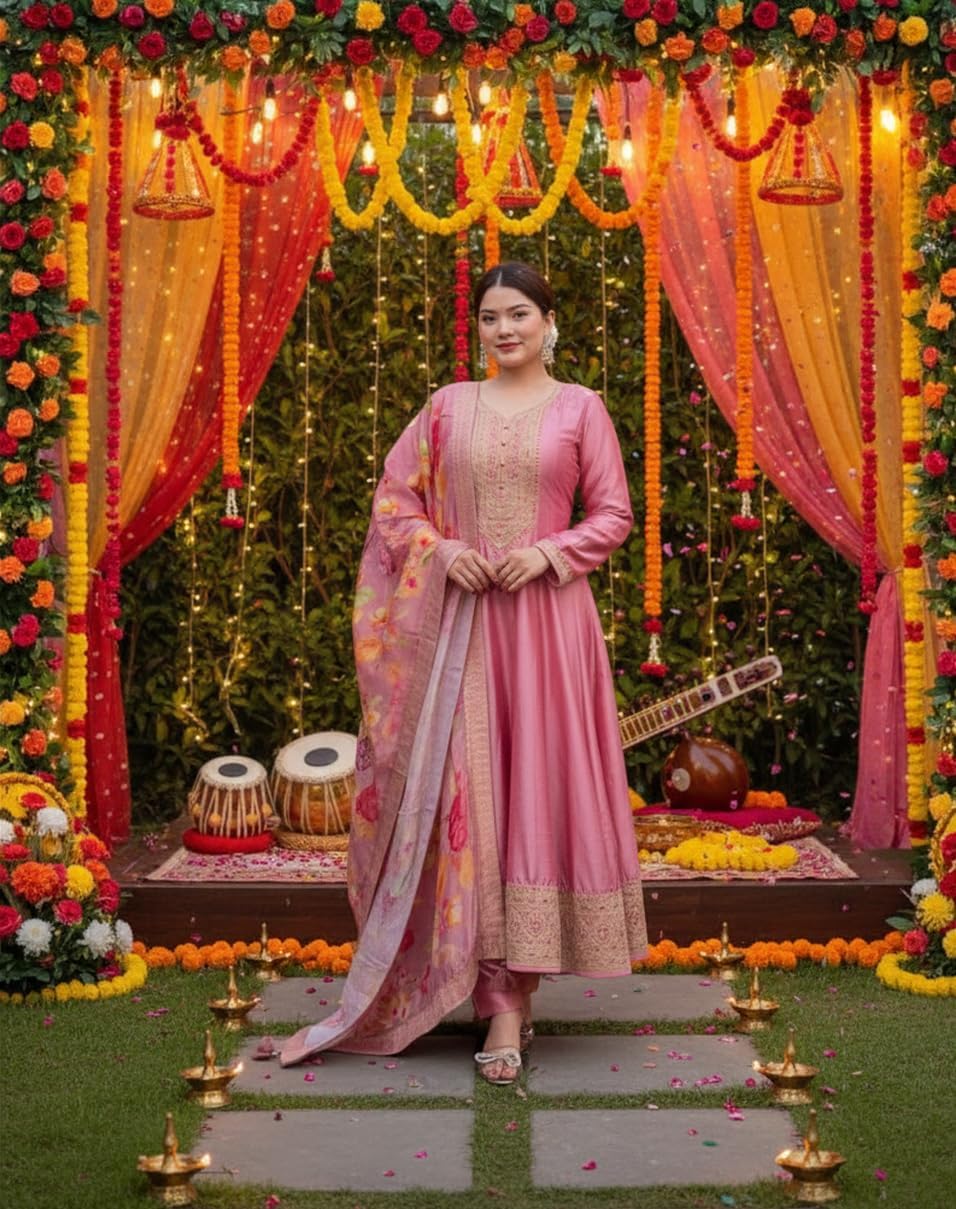 Women's Anarkali Kurta Set, Red with Yellow Dupatta, Embroidered Neckline, Indian Ethnic Wear