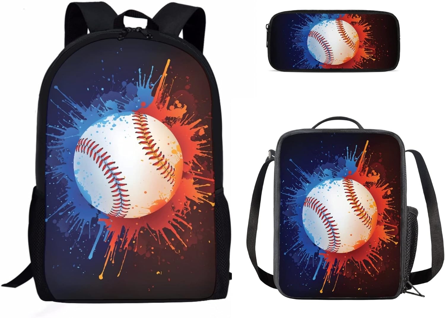 Teen Boys Girls Backpack Set School Bag Bookbag with Lunch Box Pen Case 3 Pcs, Baseball Blue Red Splatter