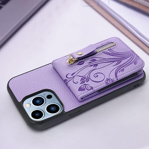 Miniatura 6 de Lacass Funda compatible con iPhone 15 PlusiPhone 14 Plus de 6.7 pulgadas, tarjetero con cremallera y bolsillo con cremallera (morado claro floral)