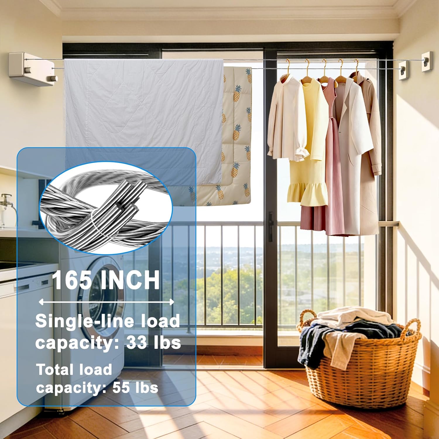 Retractable Wall-Mounted Clothesline - 16.7" Stainless Steel Double Lines for Indoor & Outdoor Use, Perfect for Balconies and Courtyards, Ideal Laundry Drying Solution (Gold)