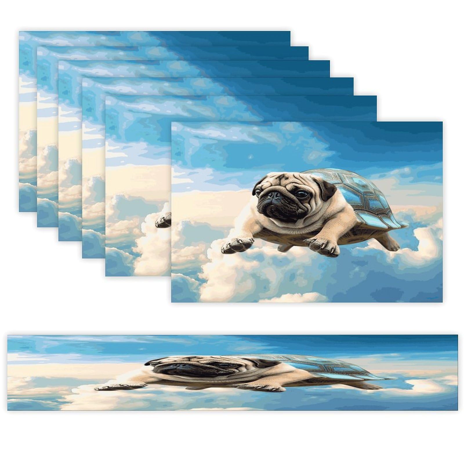 Funny Turtle Pug Dog in The Sky Table Runner and Placemats Set of 6 for Kitchen Washable Table Mats Heat Resistant Place Mats Non-Slip Place Mat Wipeable Placemat(6 Placemats+1 Table Runner)