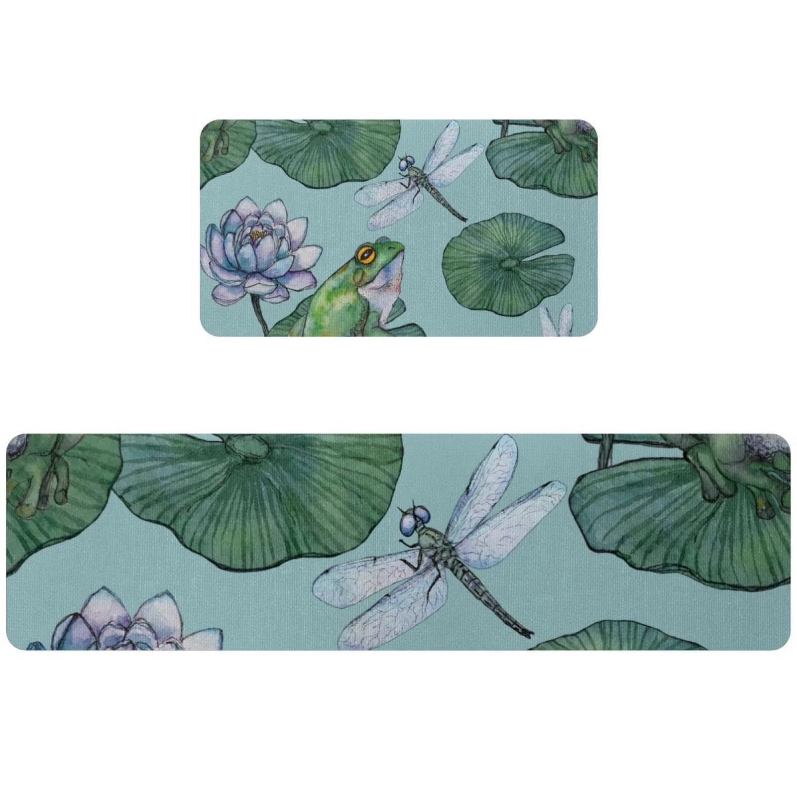 Juego de 2 alfombrillas de cocina de verano con ranas y libélula, lavables