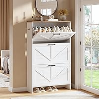Nicetree Ultra Slim Shaker Barn Door Shoe Cabinet: 3 Flip Drawers, Adjustable Shelves, Holds 24-30 Pairs, White Farmhouse Entryway Storage