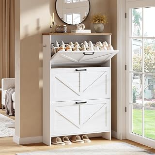 Nicetree Ultra Slim Shaker Barn Door Shoe Cabinet: 3 Flip Drawers, Adjustable Shelves, Holds 24-30 Pairs, White Farmhouse Entryway Storage