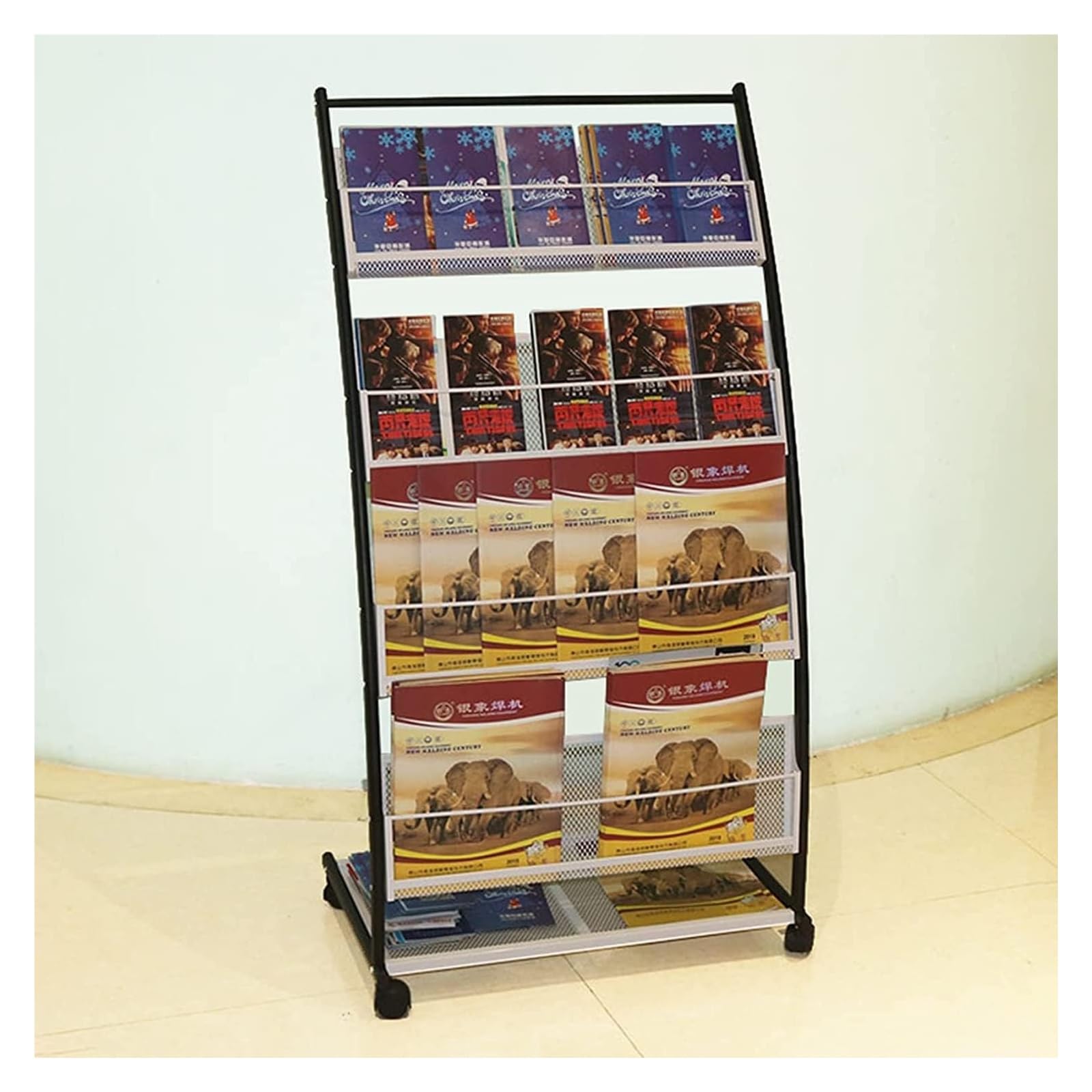Présentoir à brochures sur roulettes pour ranger les catalogues encombrants