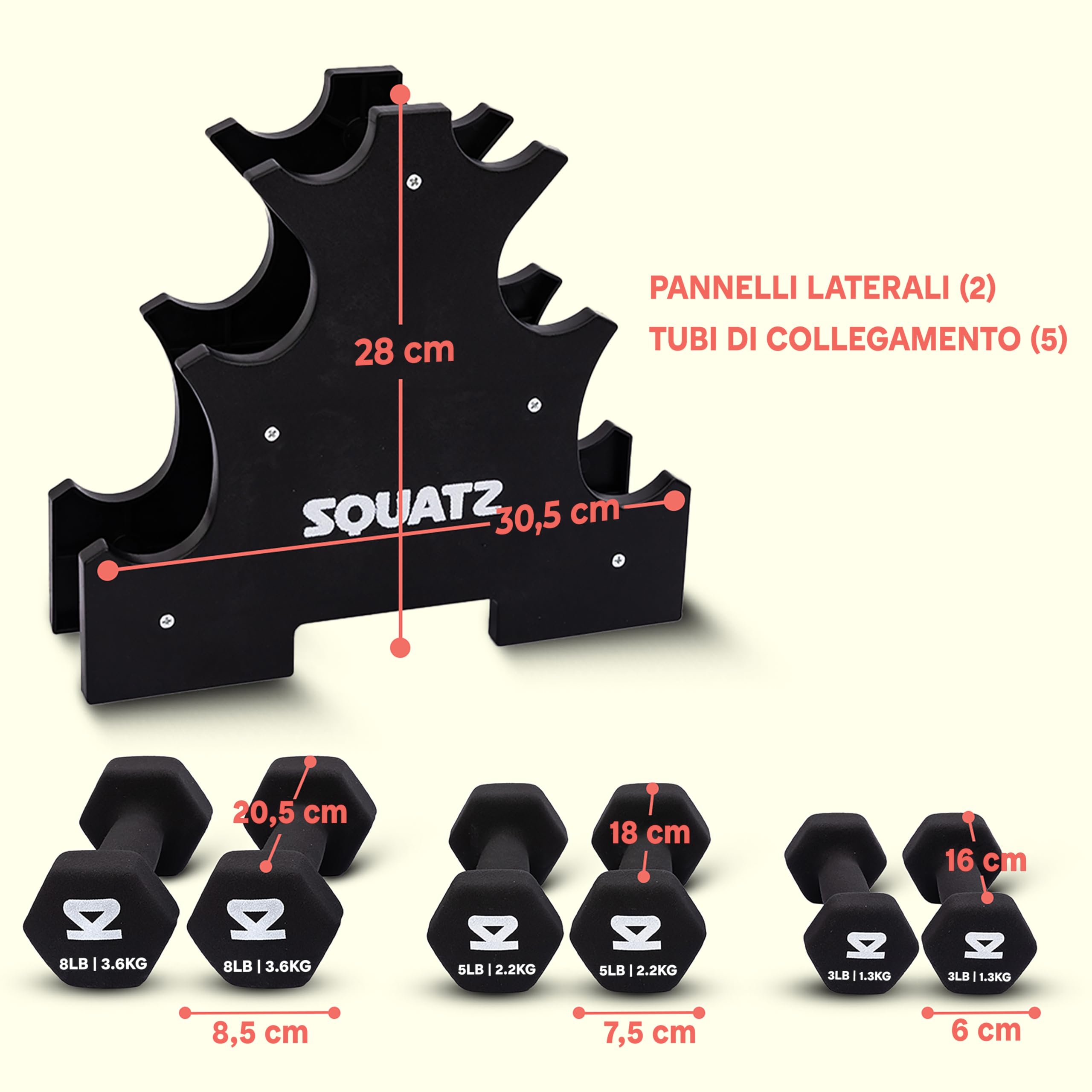 Squatz Set Manubri Palestra 3 Paia 1,36 kg – 2,27 kg – 3,63 kg con Rivestimento Neoprene Antiscivolo, Manici Sagomati e Supporto Compatto, Ideale per Pesi Palestra e Allenamento Casa