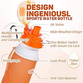 Kemier Collapsible Silicone Water Bottles-750ML,Medical Grade,BPA Free Travel Water Bottle Can Roll Up,26oz,Leak Proof Foldable Sports & Outdoor Water Bottles
