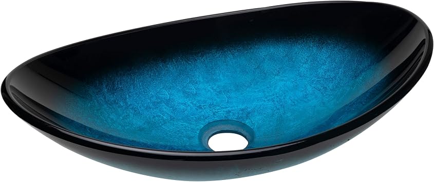 YIMAI Blue Oval Vessel Sink, 18.5 x 11.8 Glass Artistic Bathroom Countertop Basin with Gradient Pattern, Tempered Glass Above Counter Sink Bowl, Modern Finish