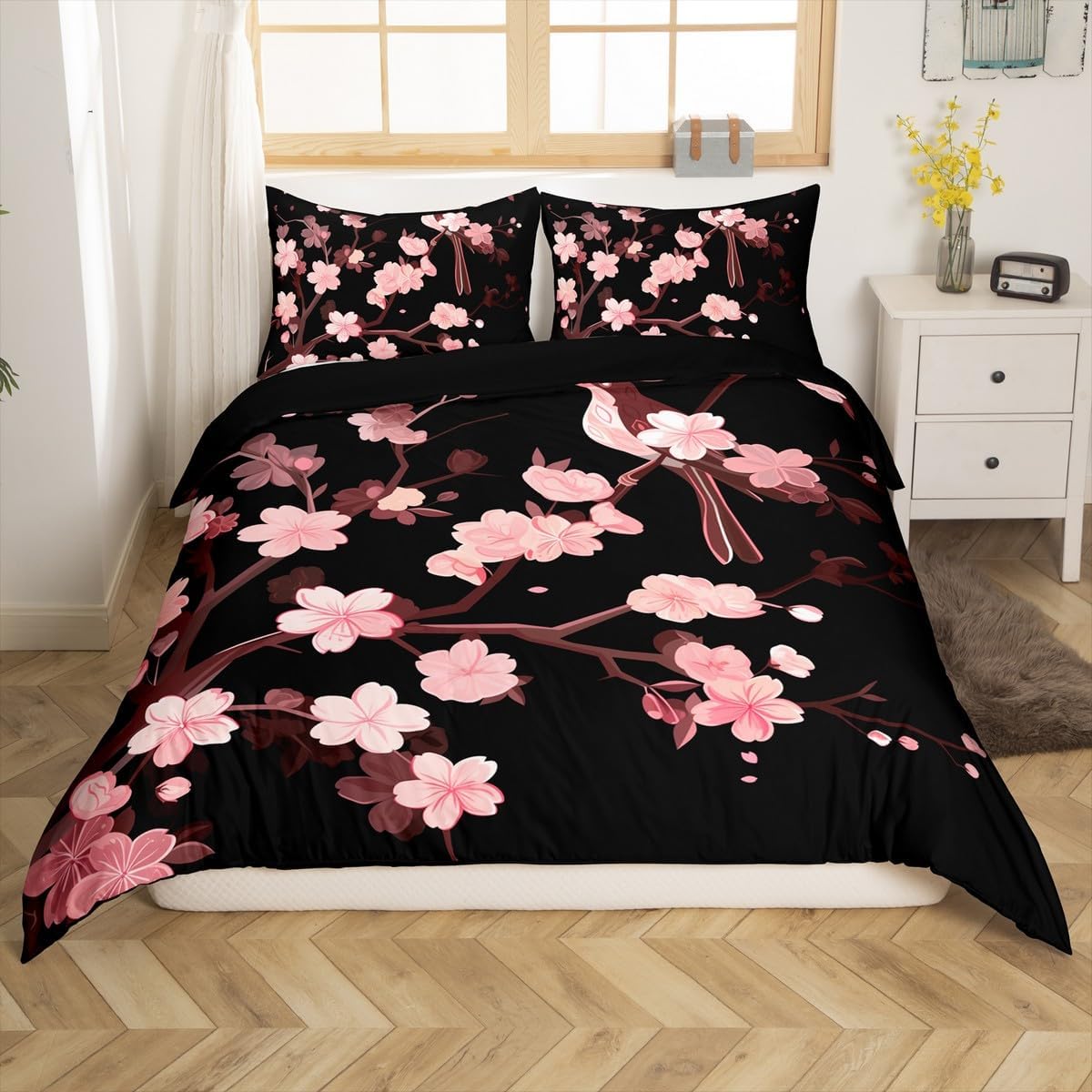 Girly Cherry Blossoms Duvet Cover Pink Floral Bedding Set Bird Flower Petal Spring Comforter Cover For Kids Girls Women Fantasy Butterfly Fresh Natural Quilt Cover With 2 Pillow Cases King Size Black