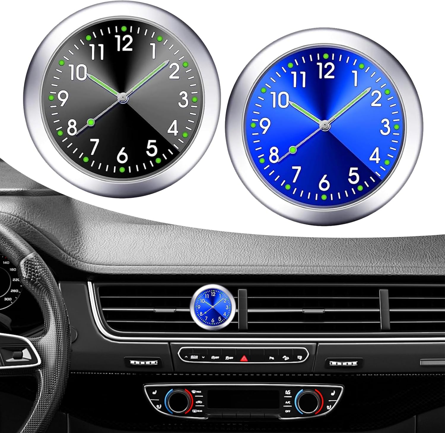 2 PCS Car Dashboard Mini Clock, 1.57" x 0.31" Self-Adhesive Alloy Structure Vehicle Luminous Clock, Portable Decorative Clock Accessories, for Most Boats Trucks SUVs Cars (Black & Blue)