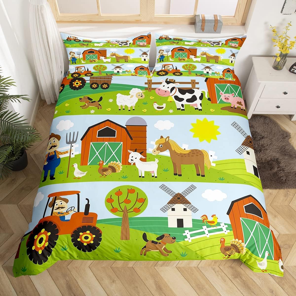 Cartoon Farm Duvet Cover Cute Animals Truck Milk Cow Bedding Set Green Farm Stitching Style Comforter Cover for Boys Girls Child Teens Bedroom Decor Bedspread Cover Super King