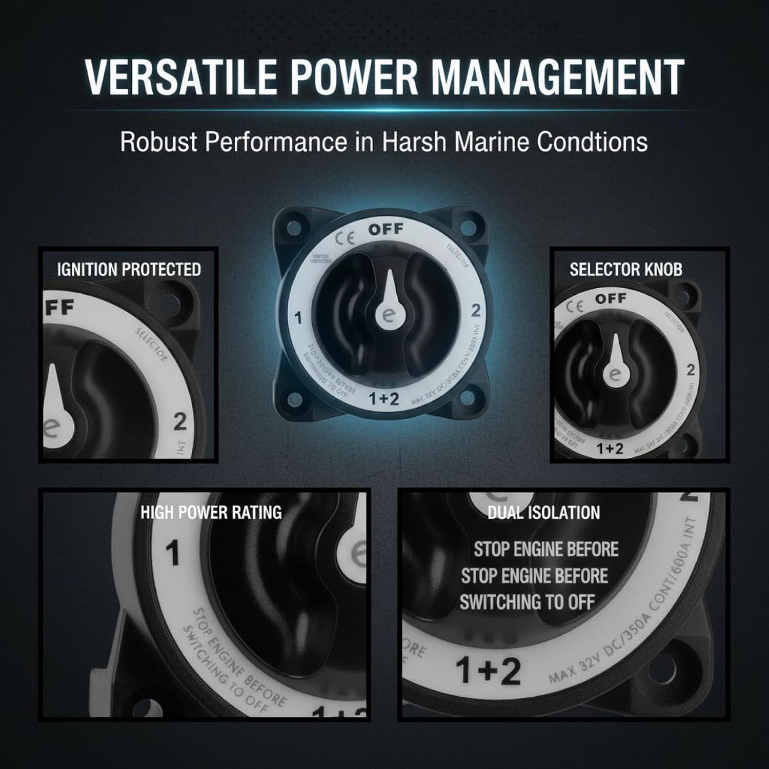 350A Marine Switch, 32V Battery Selector Switch with 4-Position High Definition Selector, Ce Certified, Waterproof Master Power Cut Disconnect for Rvs, Boats, Cars