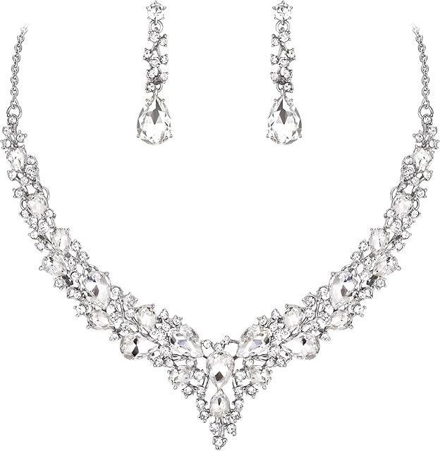 Ever Faith Wedding Bridal Crystal Teardrop Cluster Statement Necklace Dangle Earrings Jewellery Set for Women