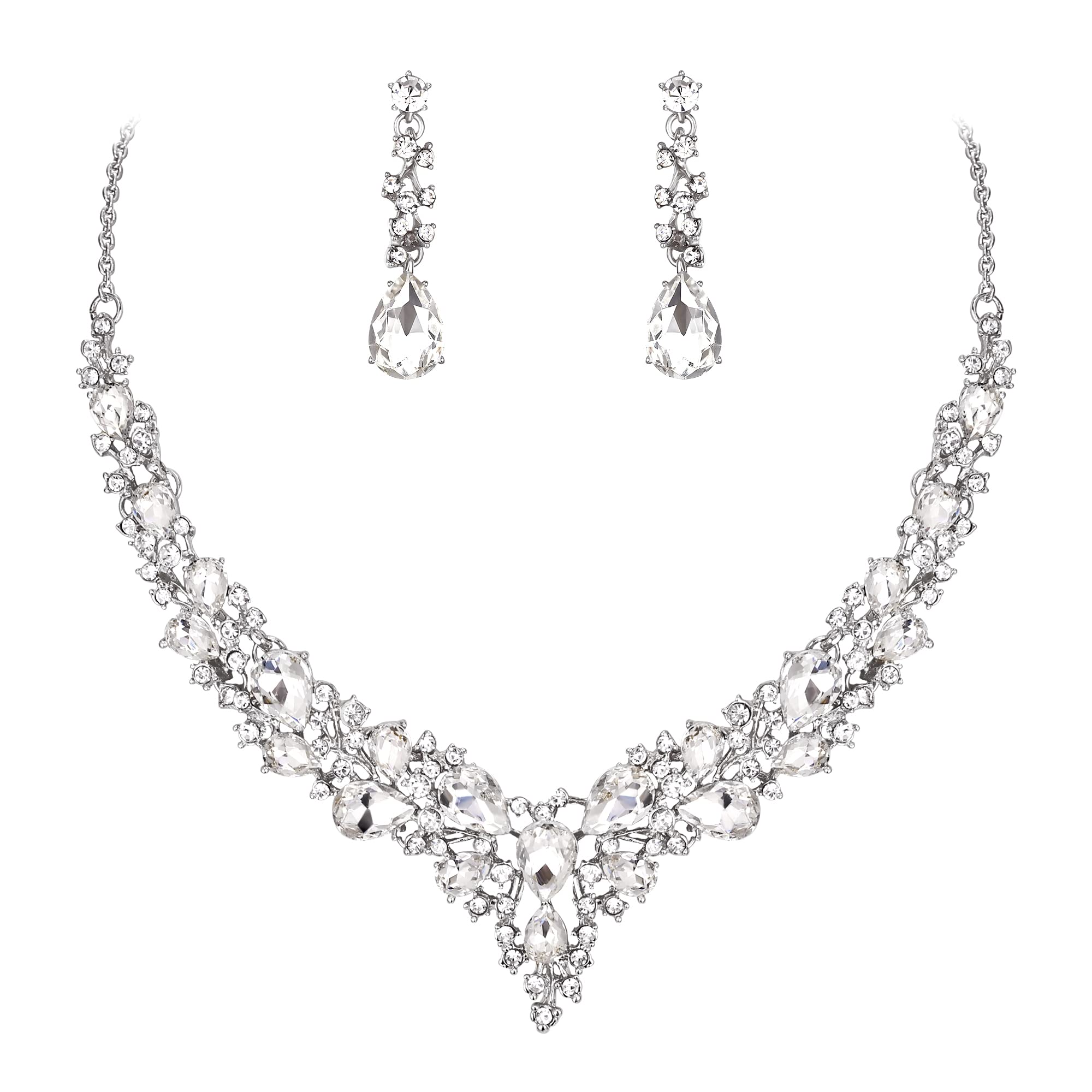 EVER FAITH Juegos de Joyas Mujer Cristal Lágrima Racimo Declaración Collar Colgante Pendientes Joyería Conjunto para Boda Novia