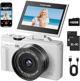 WGM Câmera digital 5K, câmera fotográfica HD de 7500 MP, com tela flip de 180°, câmera compacta HD WiFi com flash, zoom digital de 18x, cartão TF de 32 GB e 2 baterias, para adolescentes, estudantes