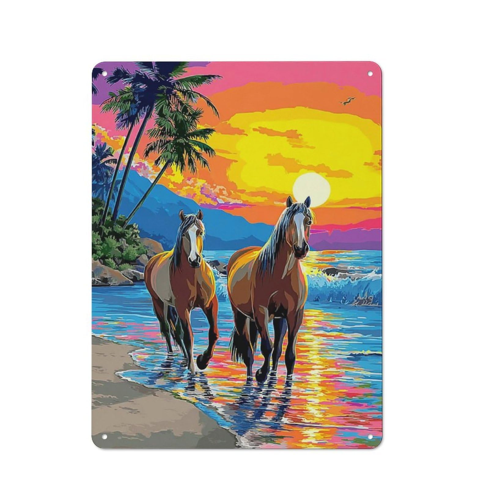 Junmoney Horses At Sunset Beach Metal Wall Sign 40X30cm Featuring For Café Or Restaurant, A Decorative Metal Sign For Cafés And Restaurants