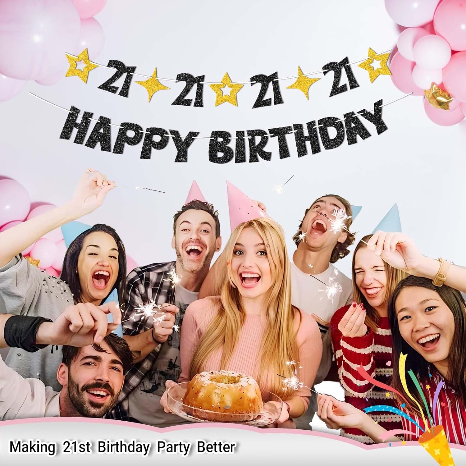 Black Gold Happy 21st Birthday Banner-21st Birthday Decorations for Him Her,Glitter 21st Birthday Decor Sign for Boys Girls Men Women,21 Year Old Birthday Party Decorations Supplies-No DIY