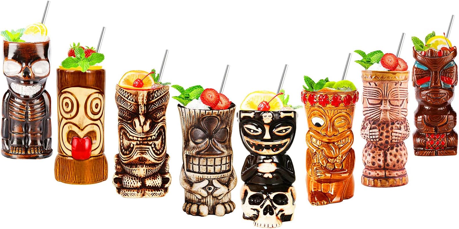 Tiki mugs, tiki glasses set, cocktail mugs, 8-piece cocktail glasses set, tiki bar accessories, Hawaii party for premium tropical cups drinks for exotic party