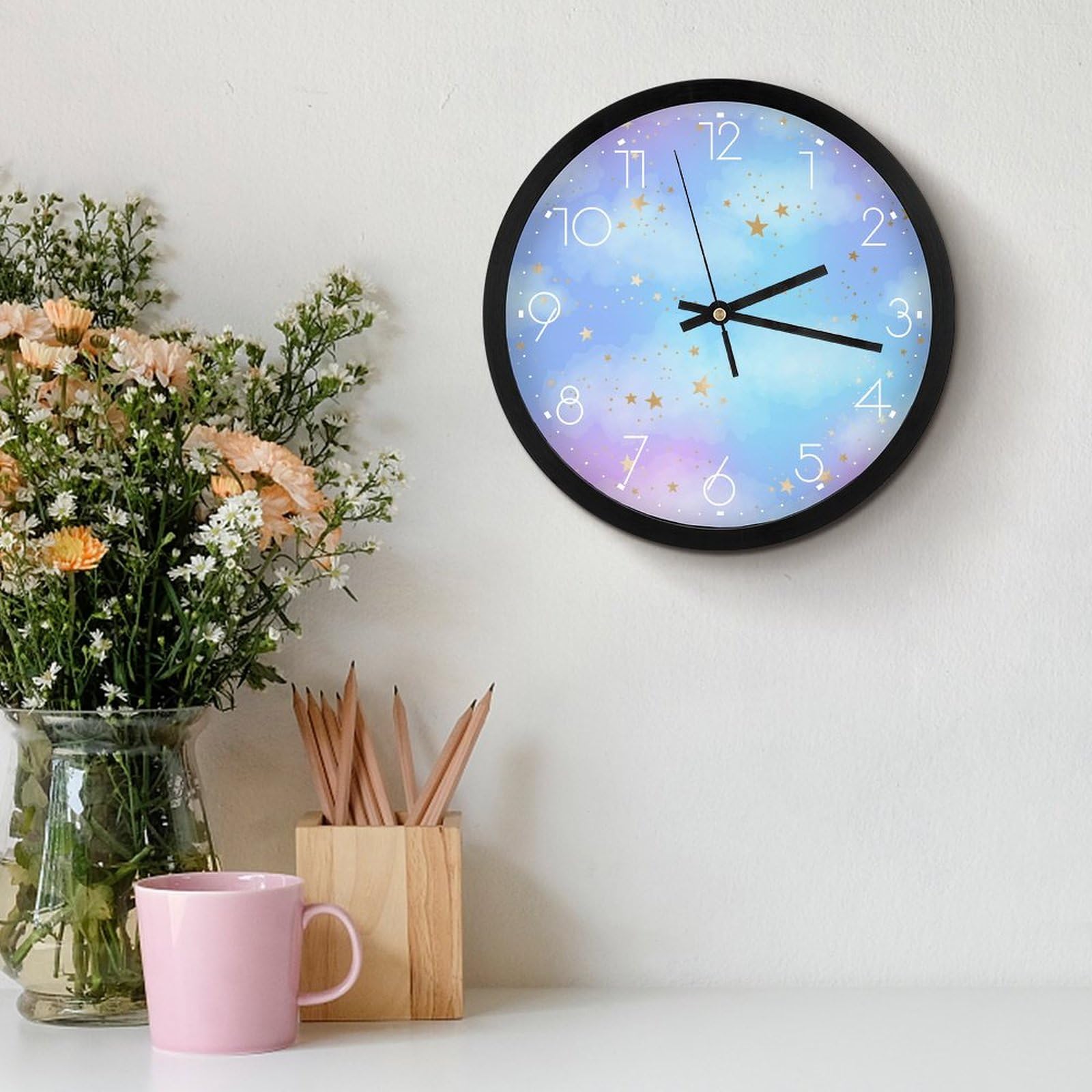 Amazon.co.jp: 星 星柄 かわいい 宇宙 ブルー 壁掛け時計 かけ時計