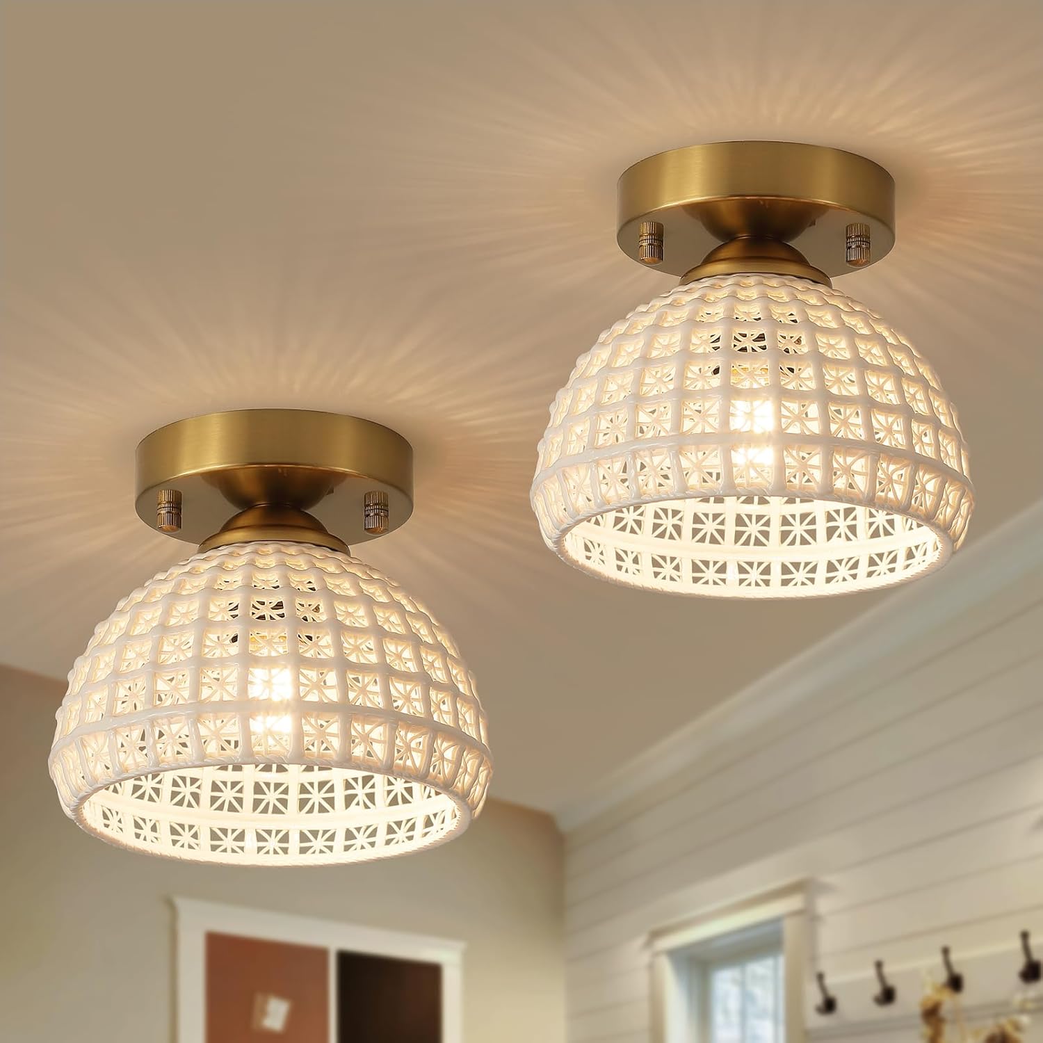 2 Pack Ceramic Antique Gold Flush Mount Ceiling Light Fixture Small