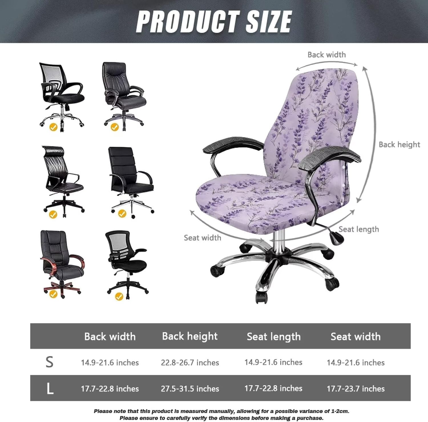 Lavender Computer Mesh Back Office Chair Cover, Modern Desk Chair Cover Rotating Chairs Protective Slipcovers with Elastic Bottom Waterproof High Back Seat Protector No Arms Size L