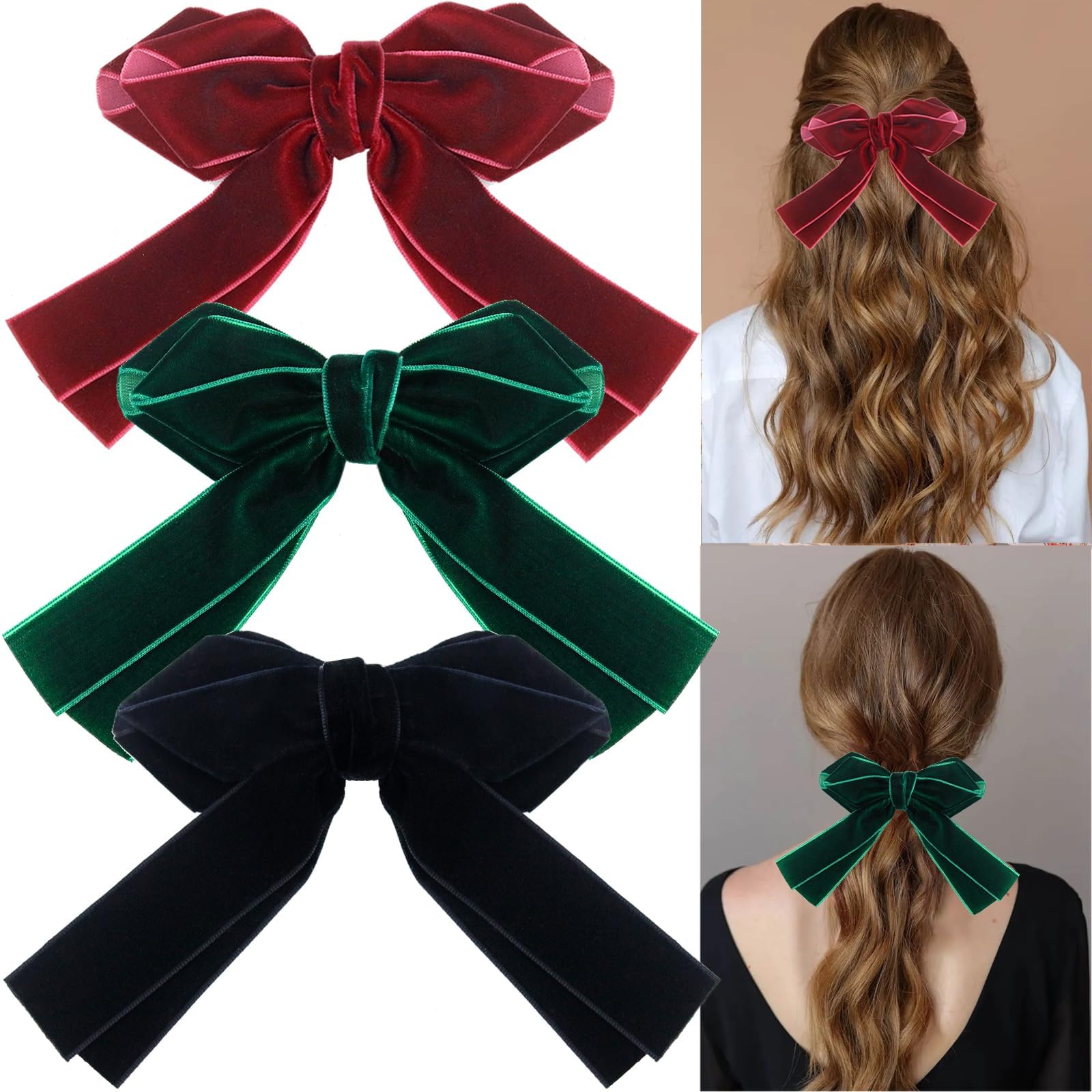 LAPOHI 3 PCS Large Velvet Hair Bows Ribbon for Women Girls Red Black Green Hair Bow Ponytail Holder Accessories (Black Red Green)