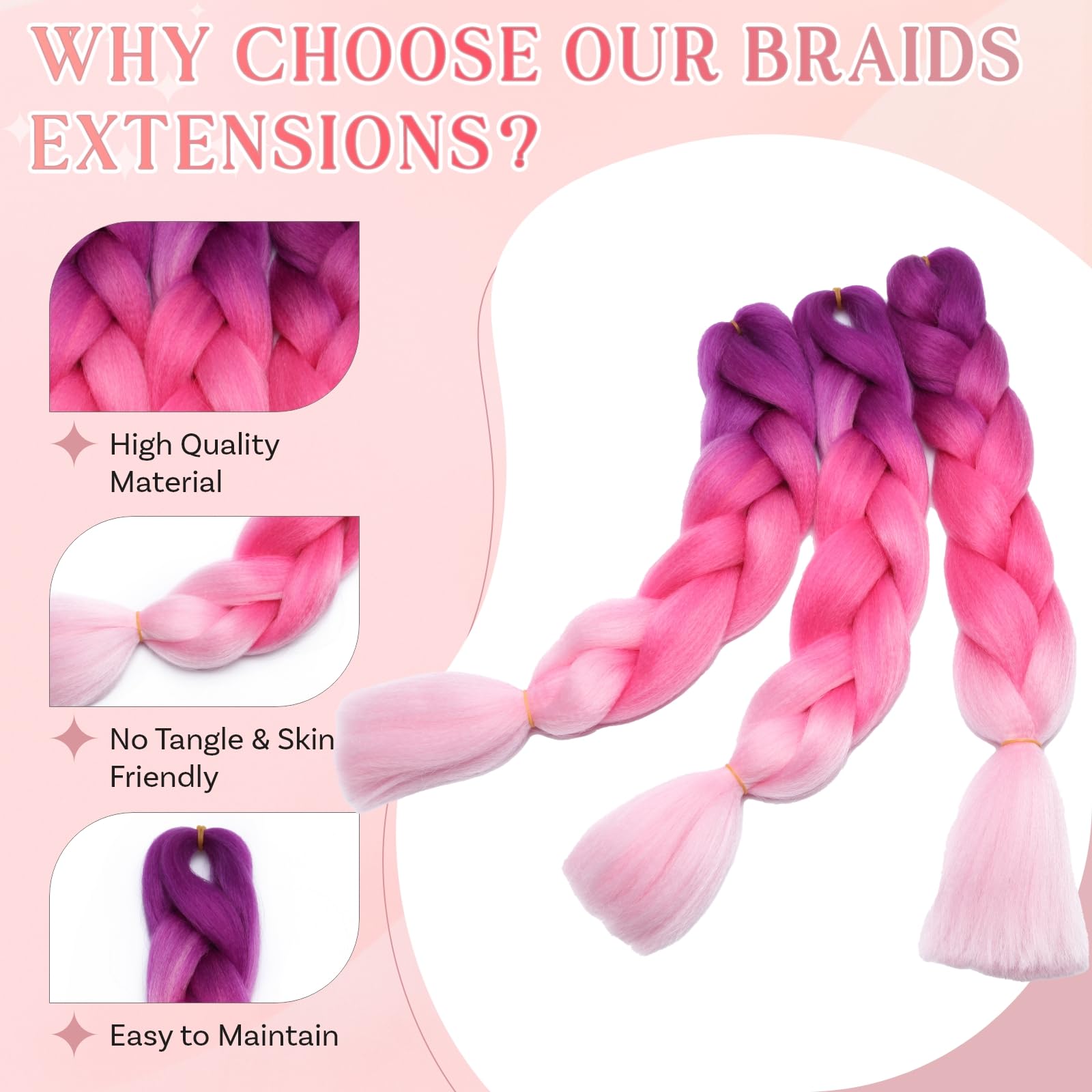 SEGO Pro Braiding Hair Extensions 24 Inch Yaki Synthetic Jumbo Box Braid Hair for Crochet Twist Braids for Women Pack of 1 (Purple to Peach Pink to Pink) - Image 4