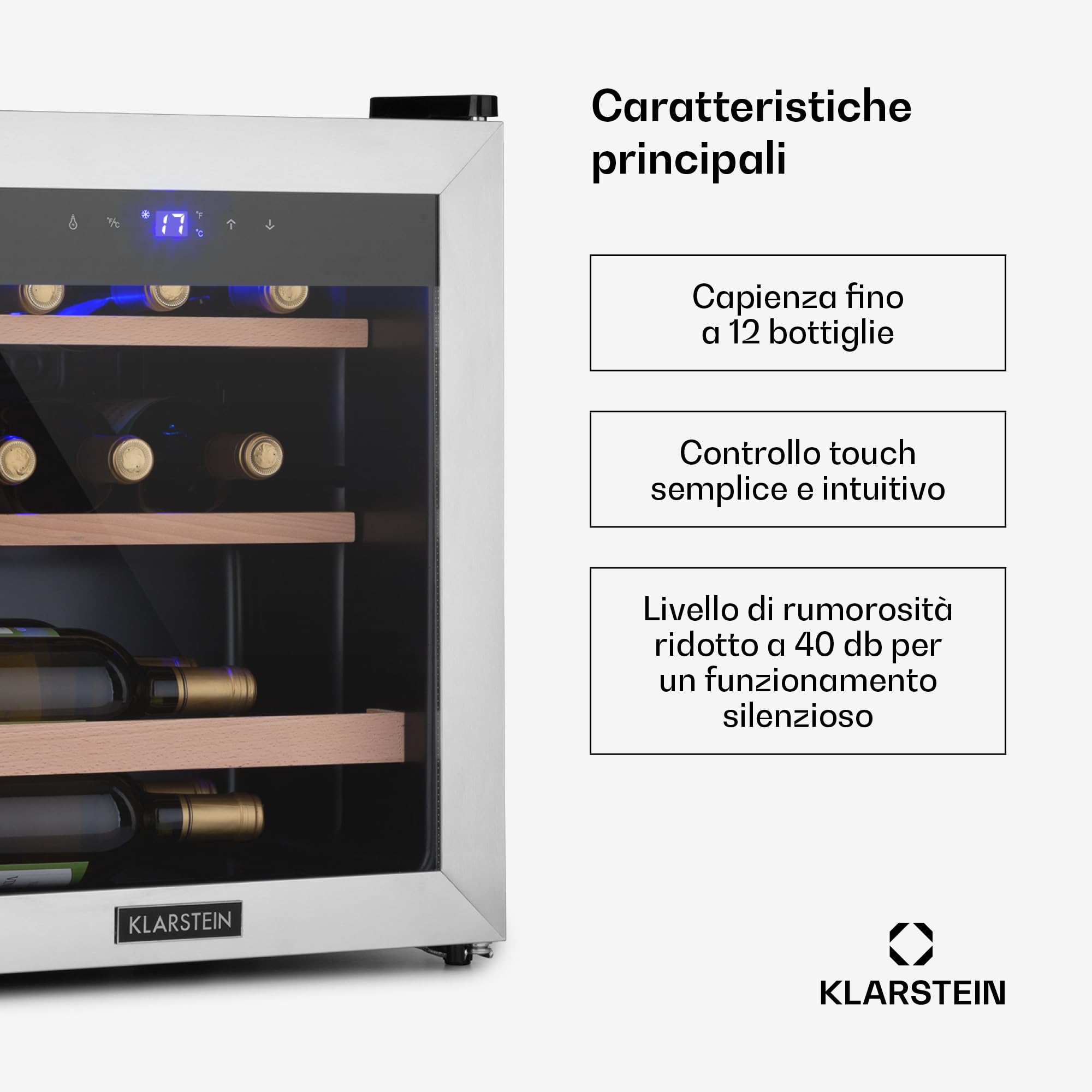 KLARSTEIN Cantinetta Vino, Cantinetta Vino Refrigerata a Zona Singola per Interno/Esterni, Frigo Bar, Cantina Vino con Vetrina, Mini Bar con Protezione UV, Frigo Vino Touch, 4-18°C, 12 Bottiglie