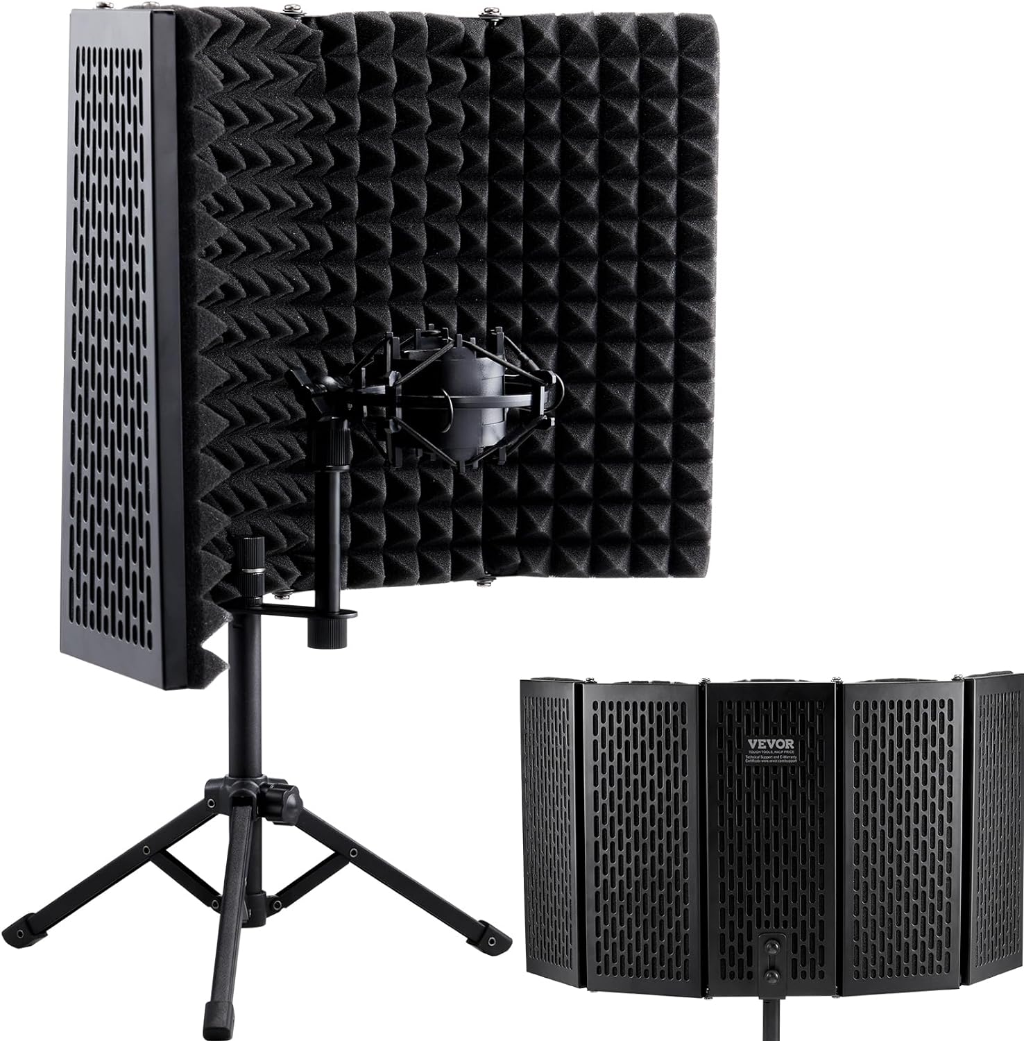 VEVOR 5-Panel, Studio Recording Mic Sound, Pop Filter Tripod Stand and 3/8'' to 5/8 Adapter, for Blue Yeti and Condenser Microphones, Black, Isolation Shield Desktop (AK-V2) Isolation Shield Desktop Black