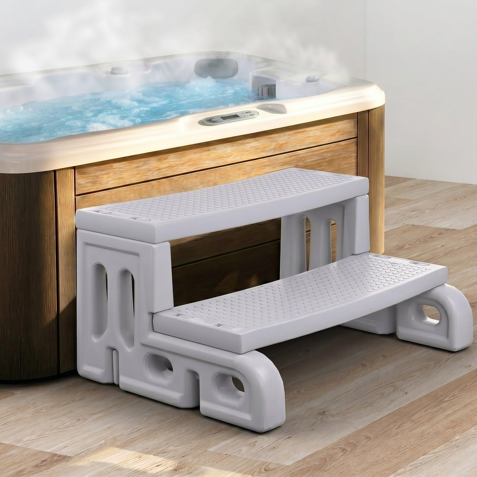 Escalera para SPA de 2 Peldaños Antideslizantes, 180 kg, 72×53×36 cm | Para spa y bañera de hidromasaje; HDPE resistentes al agua, UV, intemperie y corrosión; montaje por encaje. Gris.