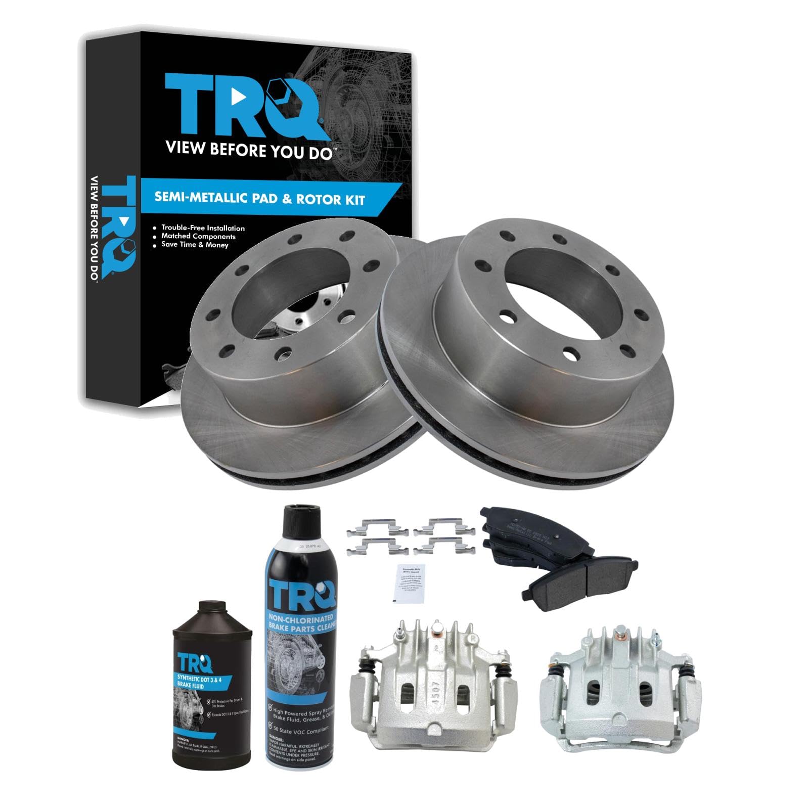 TRQ Rear Brake Pad &amp; Rotor Kit Semi-Metallic Compatible with 2000-2005 Ford Excursion 2000-2004 F-250 Super Duty F-350 Super Duty