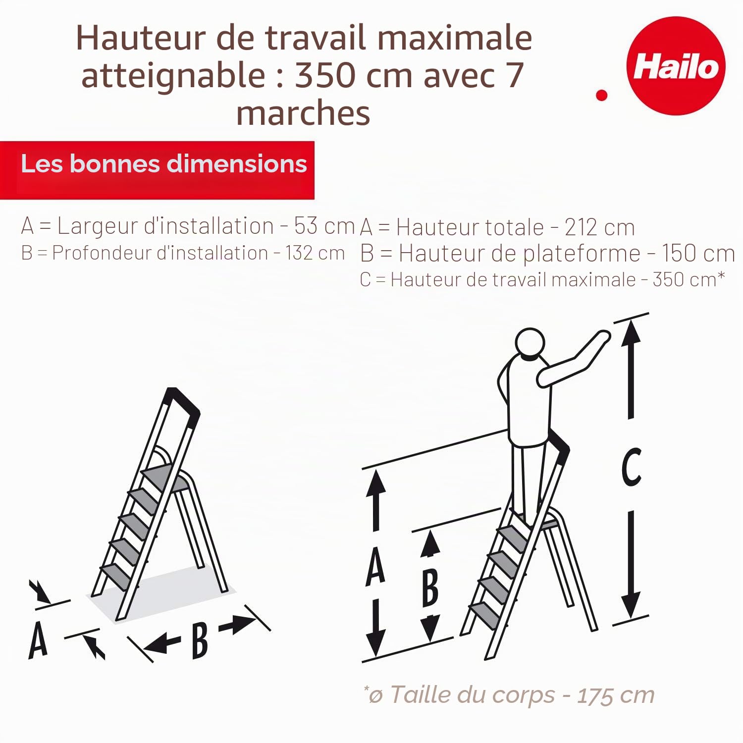 Hailo | Escabeau à marches en Aluminium ComfortLine L80 | Charge Max 150 kg | 7 marches