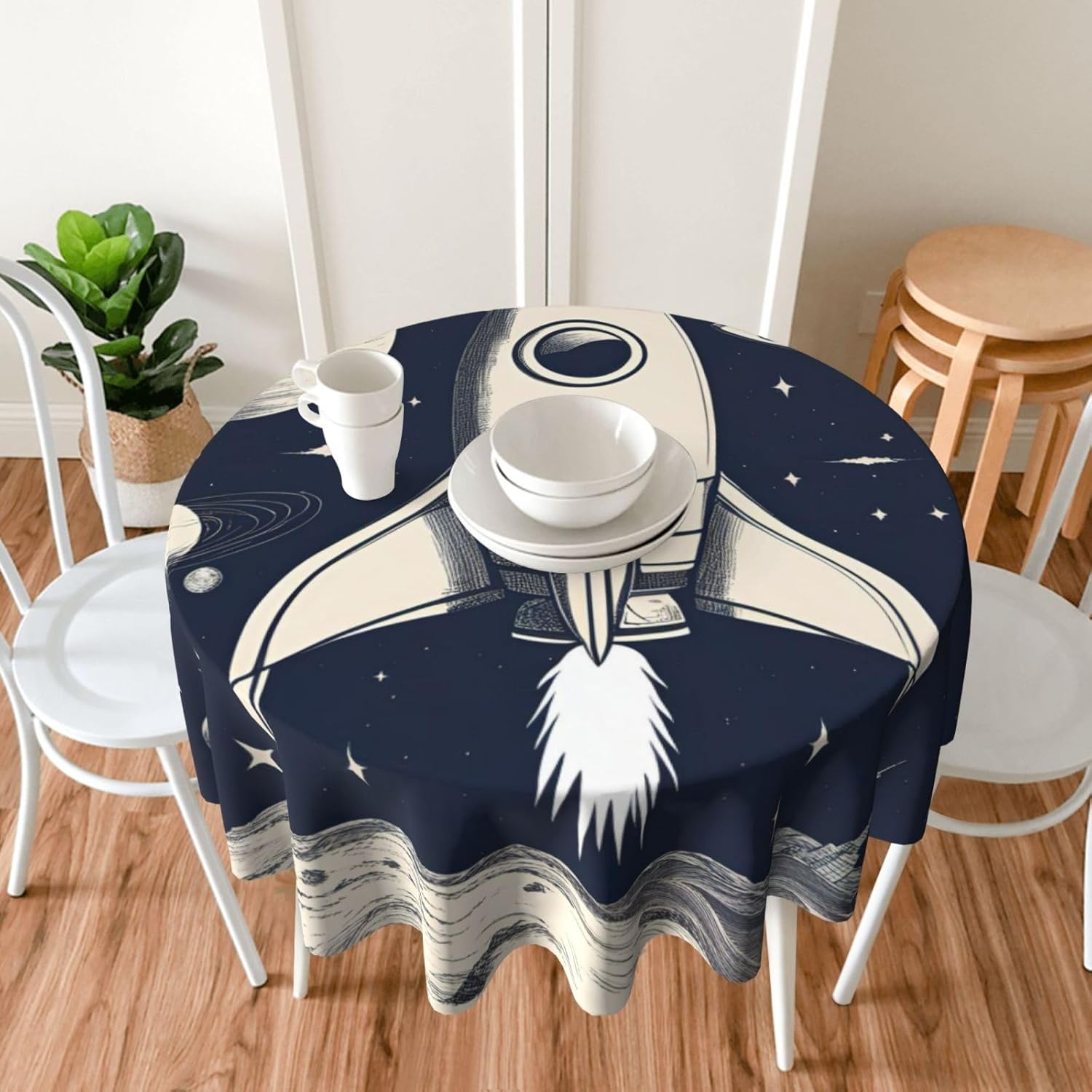 Rocket in Space Print Wrinkle Free Dining Table Cover for Birthday Party Farmhouse Tablecloths Up to 60 x 60 Inches