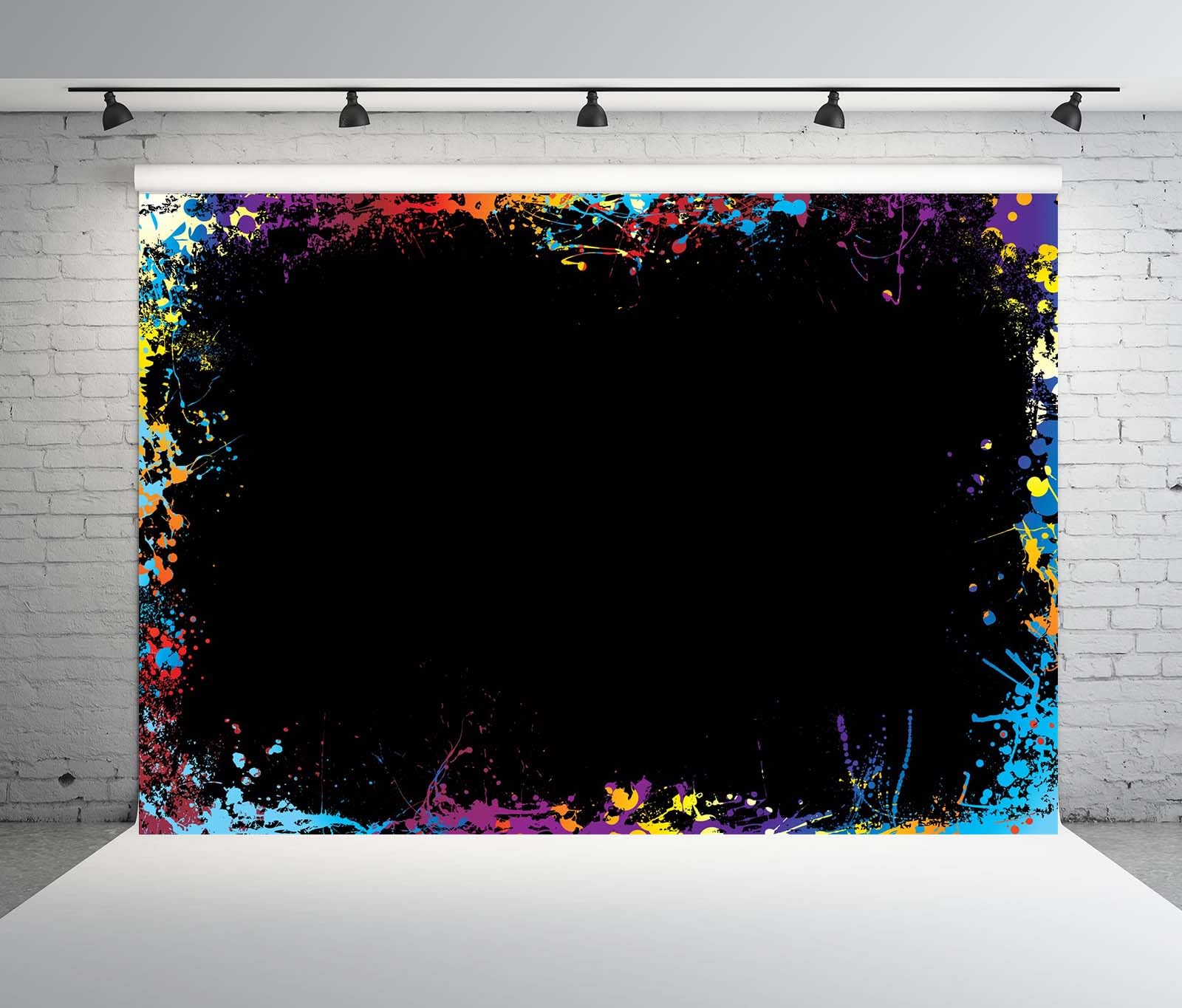 BELECO 6x3m Telo sfondo schizzi di vernice | Schizzi pittura arcobaleno arte graffiti sfondo nero festa anni 80 90 banner accessori studio foto
