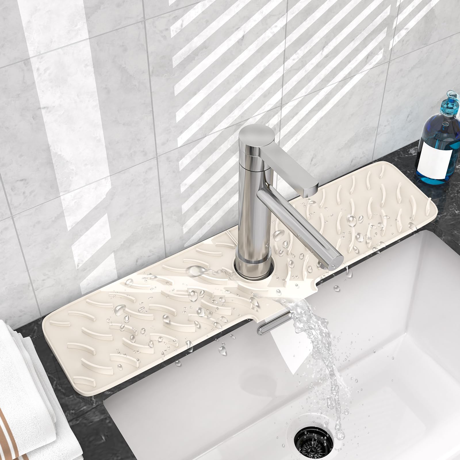 toovem silicone faucet splash guard 24 x 55 inch kitchen sink splash guard behind faucet faucet handle drip catcher tray dish soap sponge holder for kitchen bathroombar rvbeige