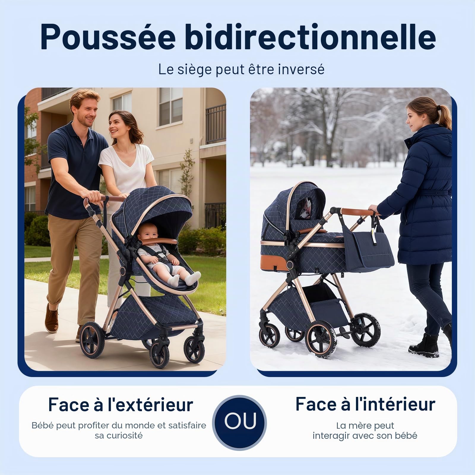 Gcarebb Système de voyage 3 en 1 avec base Isofix, poussette avec poignée réglable en hauteur, landau de voyage avec housse de pluie, poussette pour bébé avec cadre en aluminium pour nouveau-né