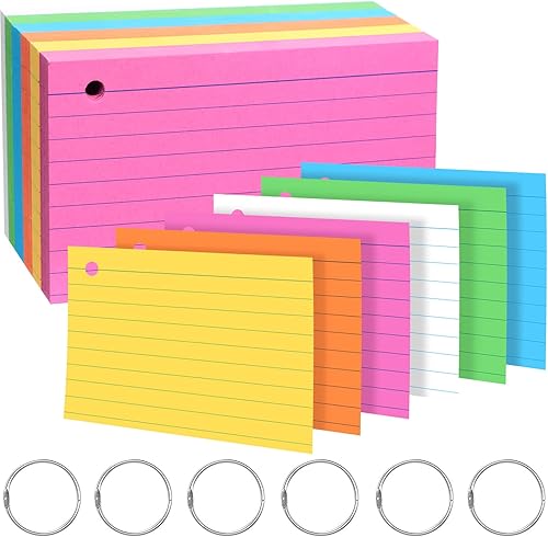 300 tarjetas de índice rayadas de colores con 6 anillos, tarjetas flash de estudio de color neón, tarjetas flash de un solo agujero, tarjetas de